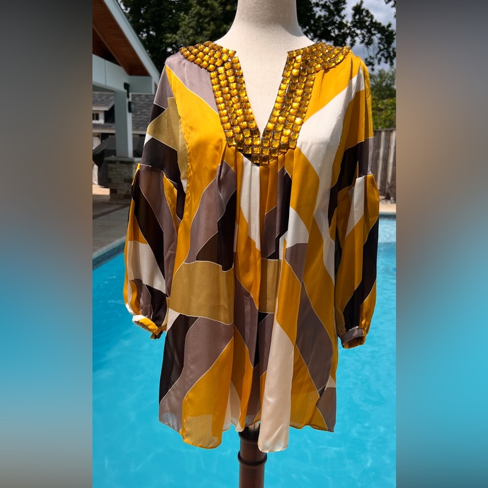 SILK Magaschoni Geometric Patterned Tunic in Yellow and Brown.
